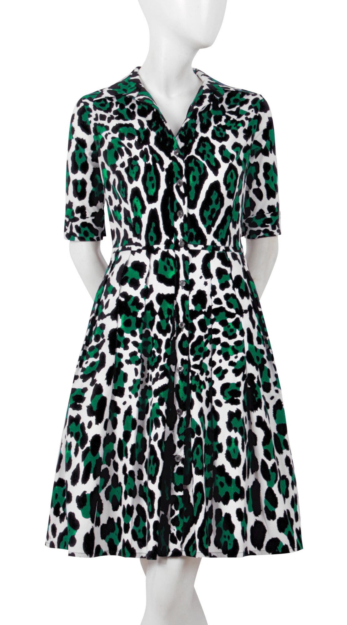 1/2 Sleeve | White Jaguar | White pine Green | Front | Shirt Dress By Samantha Sung