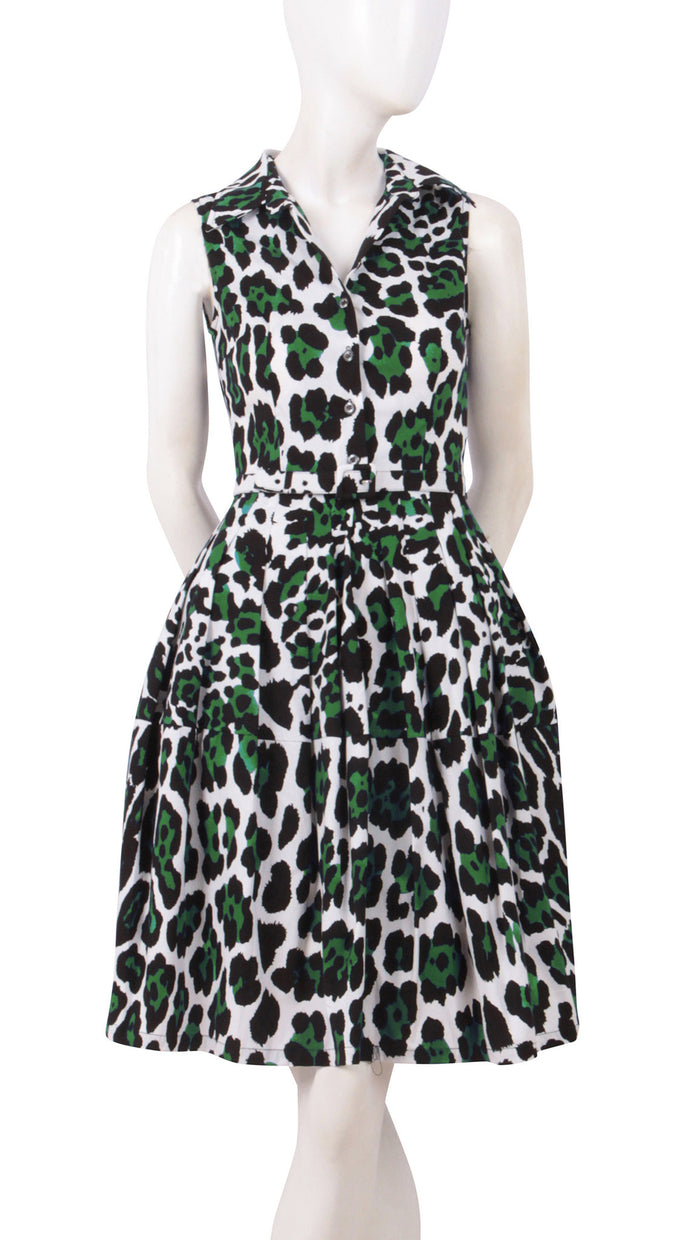 Sleeveless | White Jaguar | White Ivy Green | Front | Shirt Dress By Samantha Sung