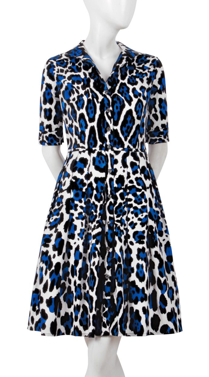 1/2 Sleeve | White Jaguar | White Sea Blue | Front | Shirt Dress By Samantha Sung
