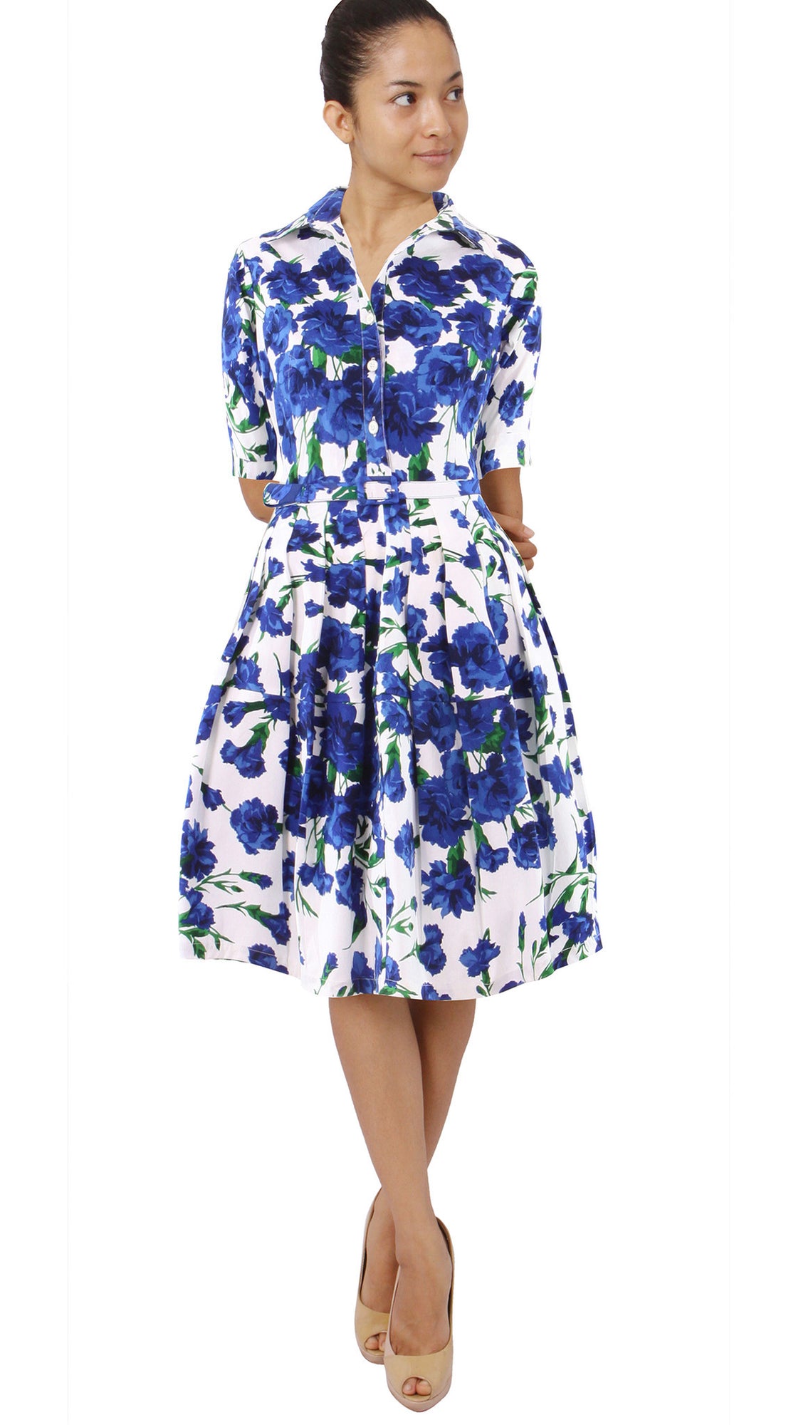 1/2 Sleeve | Carnation | White Cobalt Blue | Front | Shirt Dress By Samantha Sung