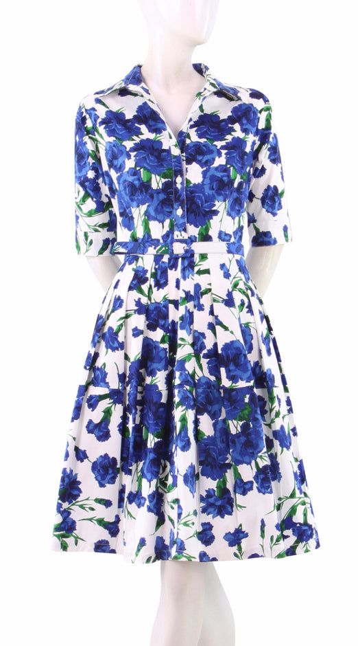 1/2 Sleeve | Carnation | White Cobalt Blue | Front | Shirt Dress By Samantha Sung