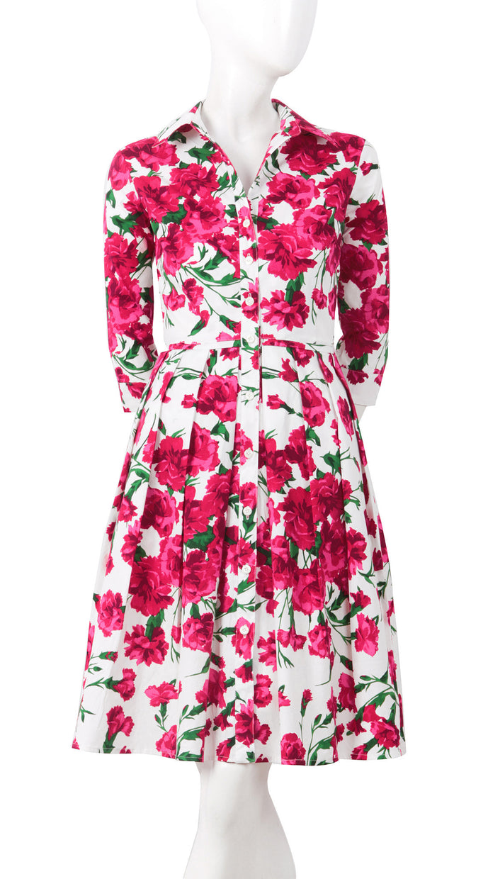 3/4 Sleeve | Carnation | White Rose | Front | Shirt Dress By Samantha Sung