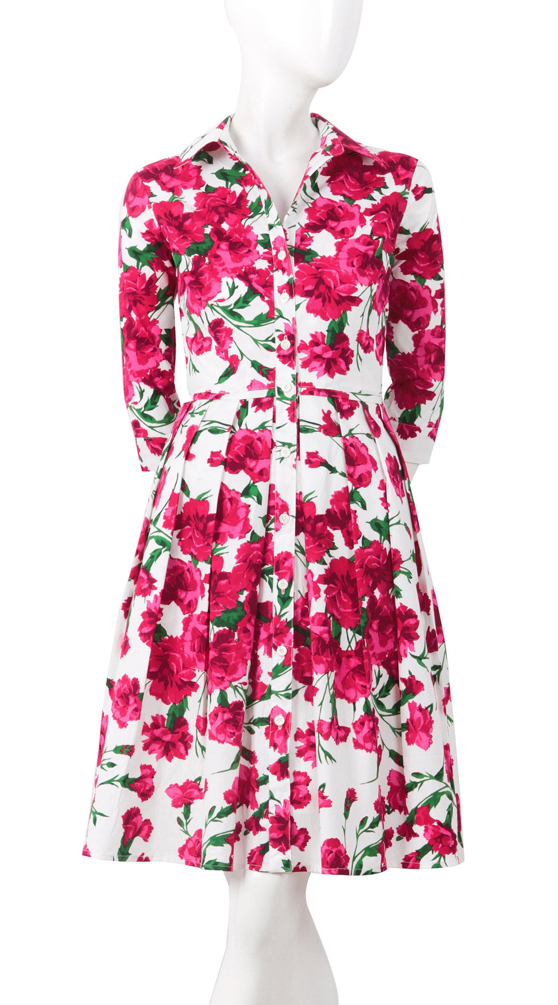 3/4 Sleeve | Carnation | White Rose | Front | Shirt Dress By Samantha Sung