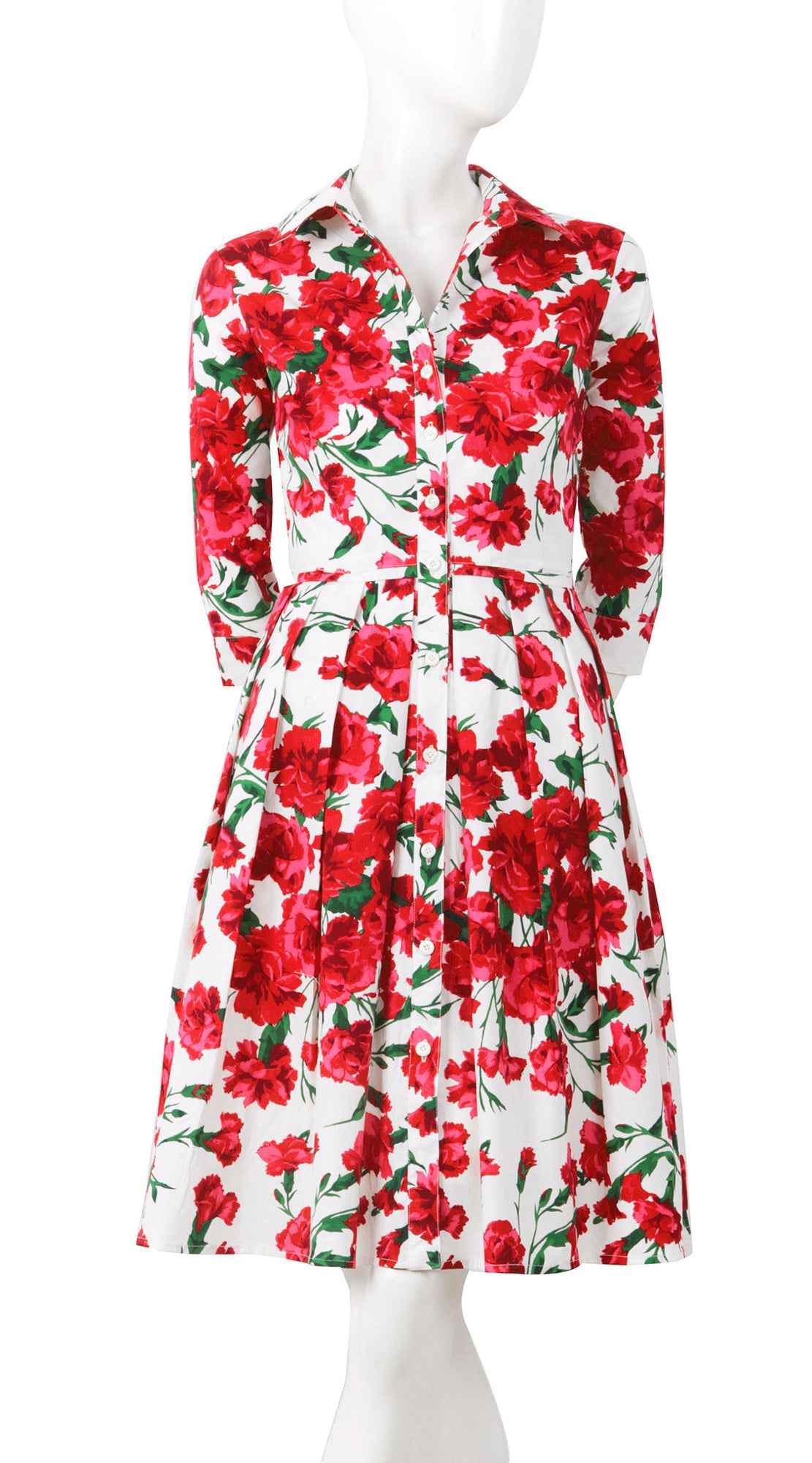 3/4 Sleeve | Carnation | White Indian Red | Front | Shirt Dress By Samantha Sung