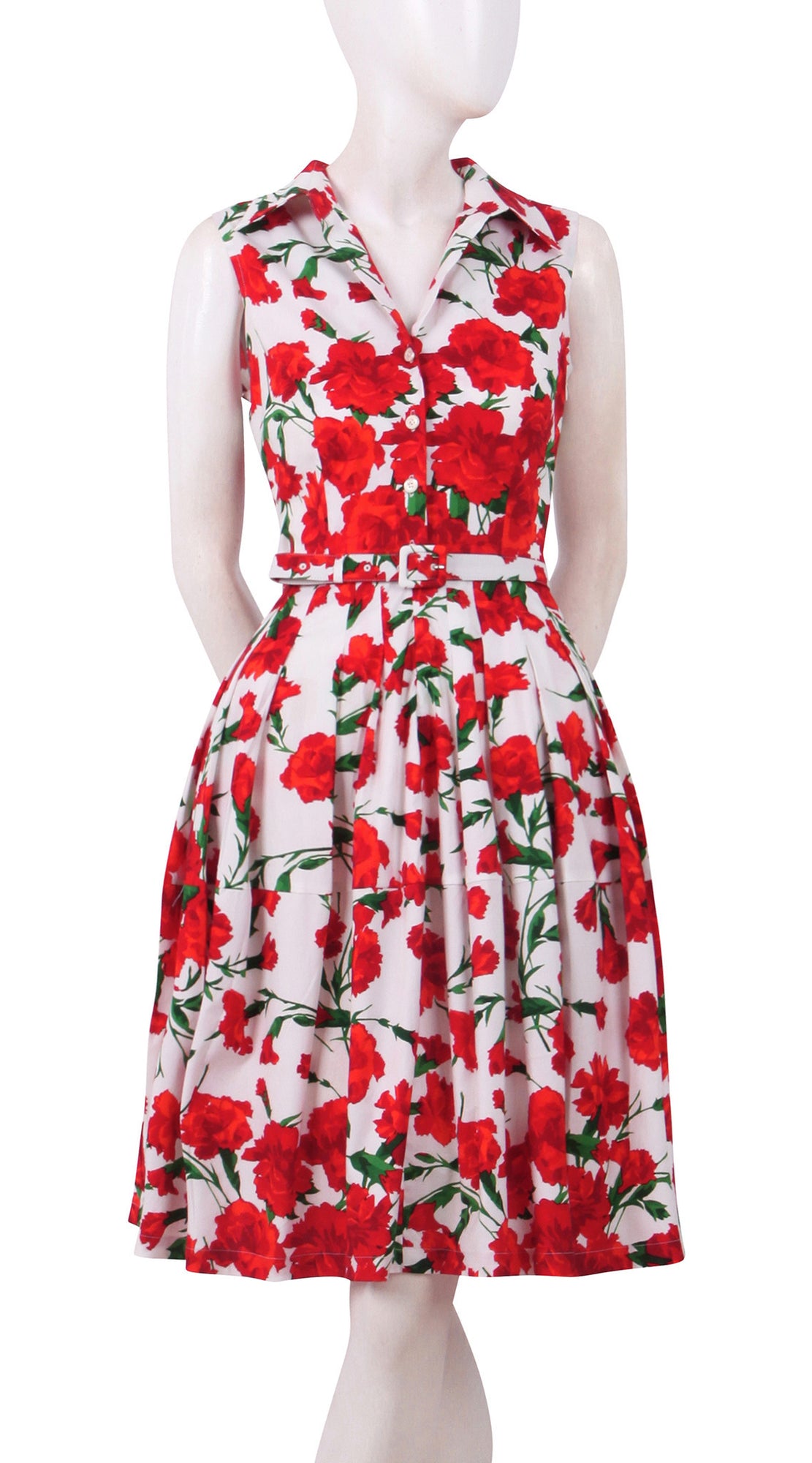 Sleeveless | Carnation | White Indian Red | Front | Shirt Dress By Samantha Sung